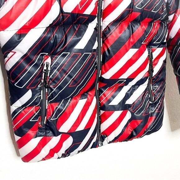 🍋 Superdry • Men’s Puffer Jacket in Bold Red and Black Stripe Pattern Size M - Picture 2 of 8